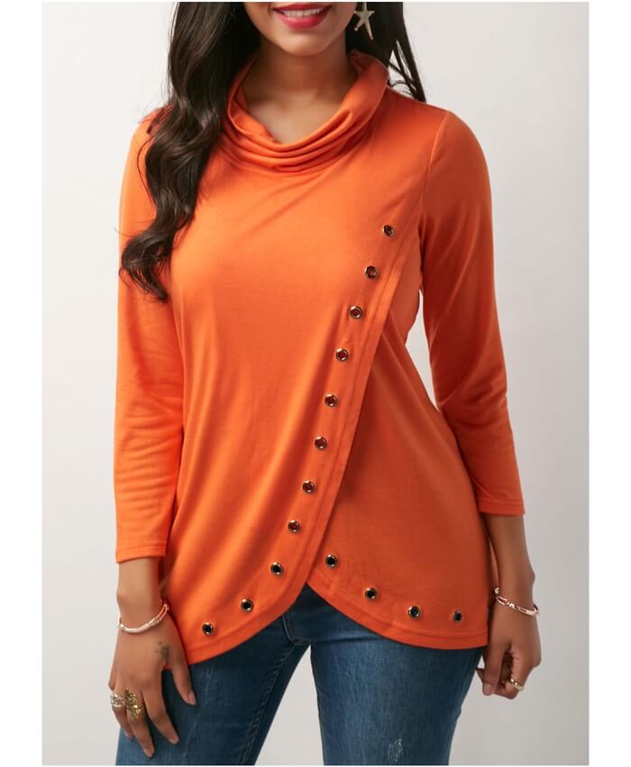 Asymmetric Hem Metal Eyelet Detail Blouse